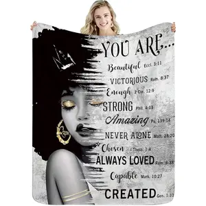 Mother's Day Gift African American Black Girl Woman Flannel Blanket Quotes Inspirational Motivational Bible Soft Warm Fuzzy Throw Blanket for Sofa Bed Throws Birthday Presents,One-side Print, Halloween Thanksgiving Christmas Gift