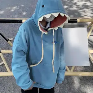 Kawaii Shark Patch Hooded Sweatshirts Men Women Autumn Funny Cartoon Pullover Hoodies Solid Color Oversize Long Sleeves ClothesHK