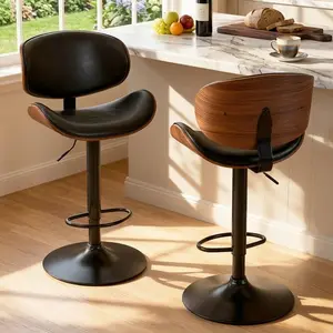 Modern Kitchen Counter Bar Stools Set of 2, Brown Upholstered PU Leather Bar Chairs with Back, Adjustable Bentwood Furniture with Footrest for Bar, Kitchen, Dining Room