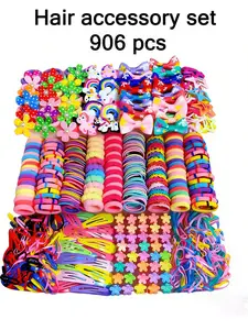 906/907pcs Colorful Cartoon Unicorn Series Girls' Hair Accessories Gift Set, Cute hair accessories, includes cartoon clips, star clips, hair claws, high-elasticity bands, for daily styling, performances, kids' gifts, Optional storage box
