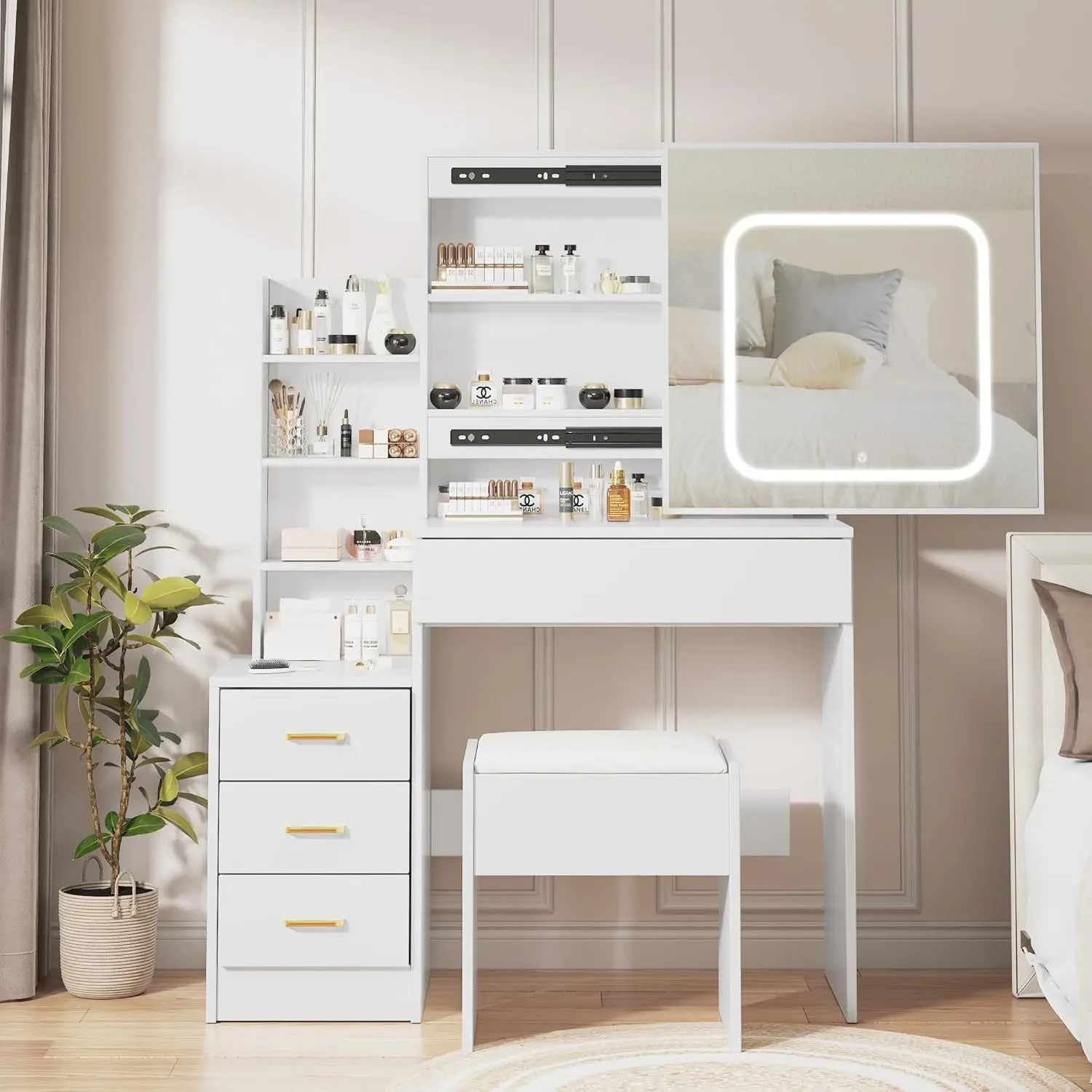 Dresser Set with Electrical Outlet 4 Drawer Storage Cabinet Dresser with Sliding Mirror and Lighting Bedroom Dresser with Stool, Open Shelf 3 Colors Lighting Pattern