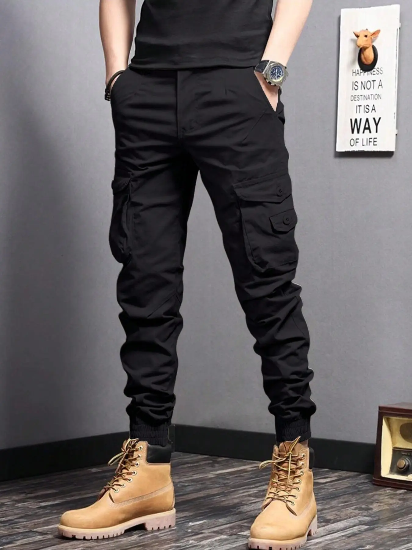 Men's Plain Button Pocket Cargo Pants, Regular Fit Street Fashion Casual Cargo Style Drawstring Waist Jogger Pants For Daily Wear, Woven Bottoms For All Seasons, Drawstring Trousers