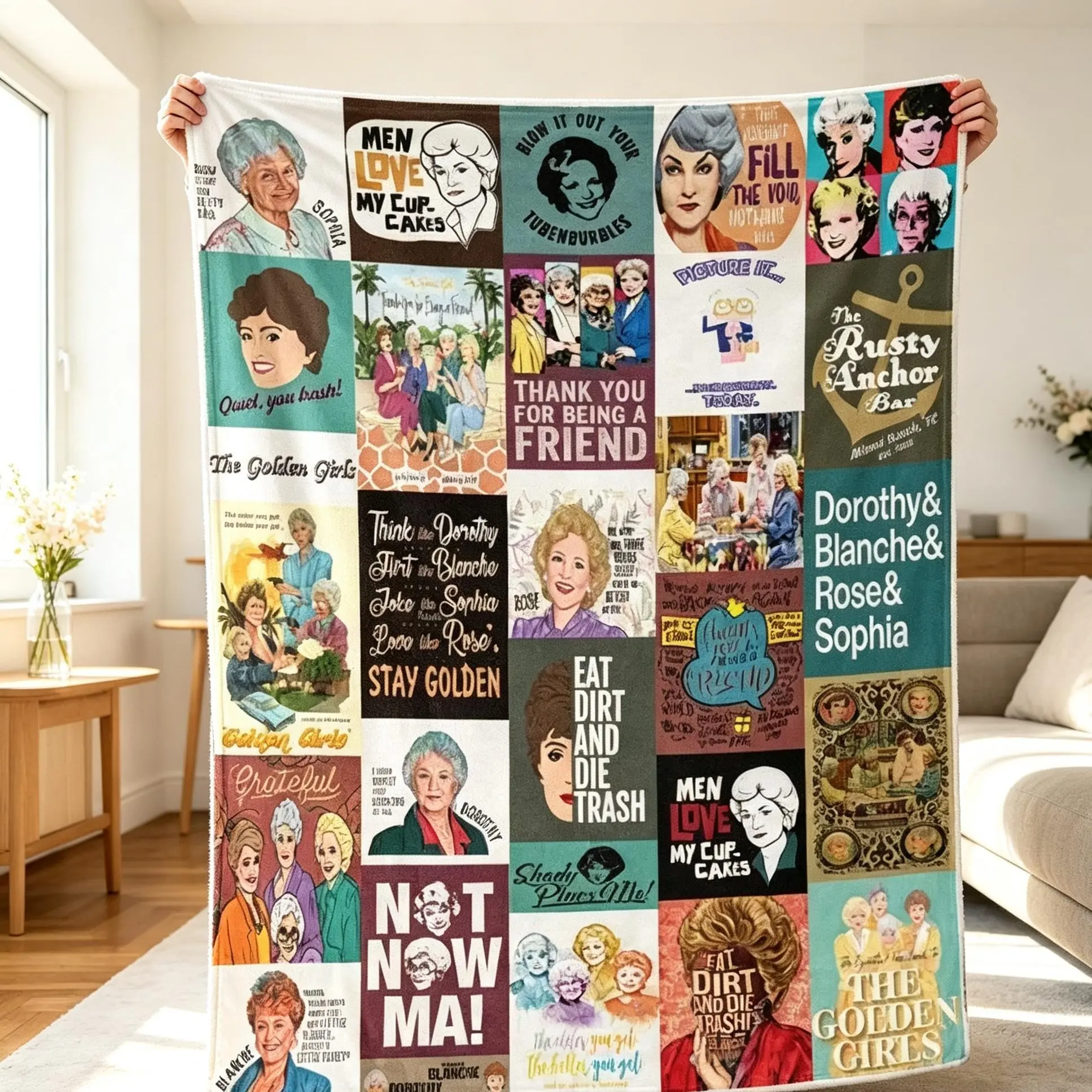 TikTokShopSpringGlowup Golden Girls Stay Golden Vintage Sitcom Premium Mink Sherpa Flannel Fleece Throw Blankets Bedding Bed Accessories, Comfortable Warm Napping Decor Blanket for Bedroom Sofa Home Decor, Classic TV Show Birthday Christmas Holiday Fan Gi