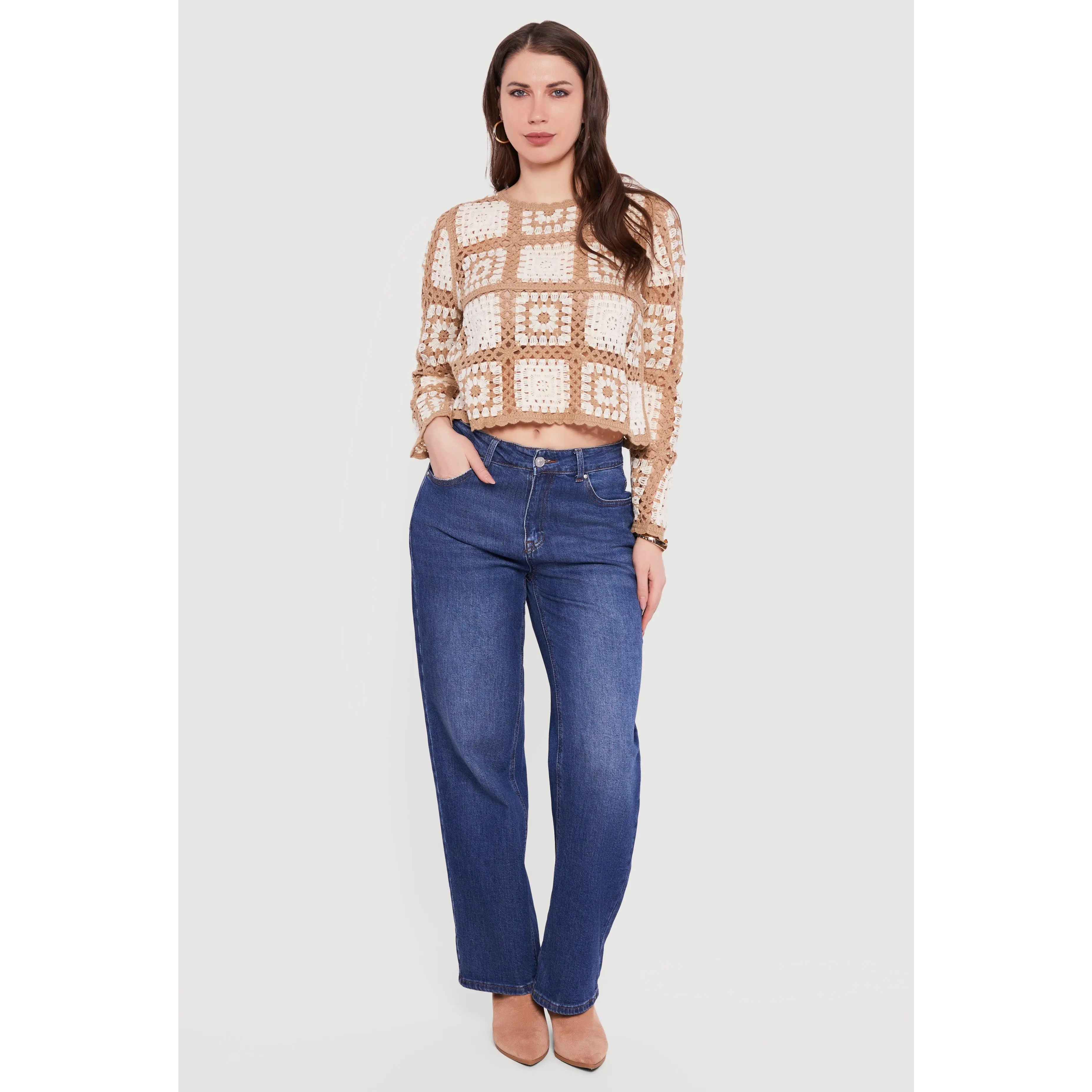 Geometric Crochet Cropped Long Sleeve Sweater