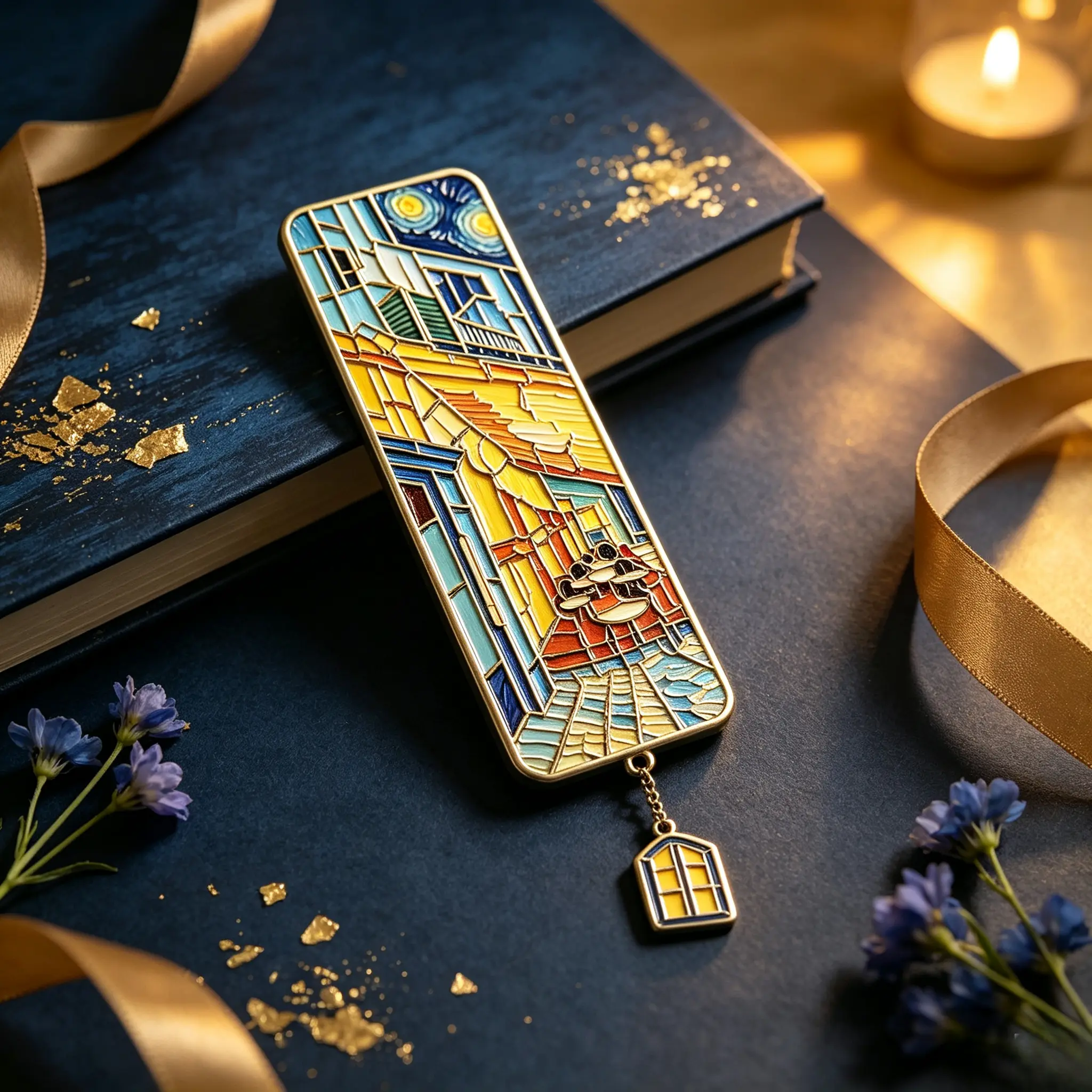 Metal Bookmark, Vintage Stained Glass Van Gogh Cafe Terrace Design with Pendant Chain, Thin Unisex Page Marker for Bookworms & Art Lovers, Daily, Book Lovers, Enamel Coloring
