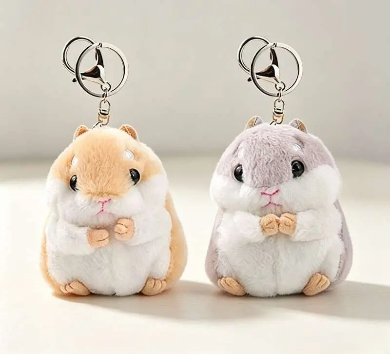 Women's 2-Pack Durable Furry Hamster Plush Keychain Bundle Set (4 x 3.15 Inches), Furry Charm Key Chain for Car Keys, Soft Accessories for Backpack Purse Handbag, Cute Small Gift for Girls