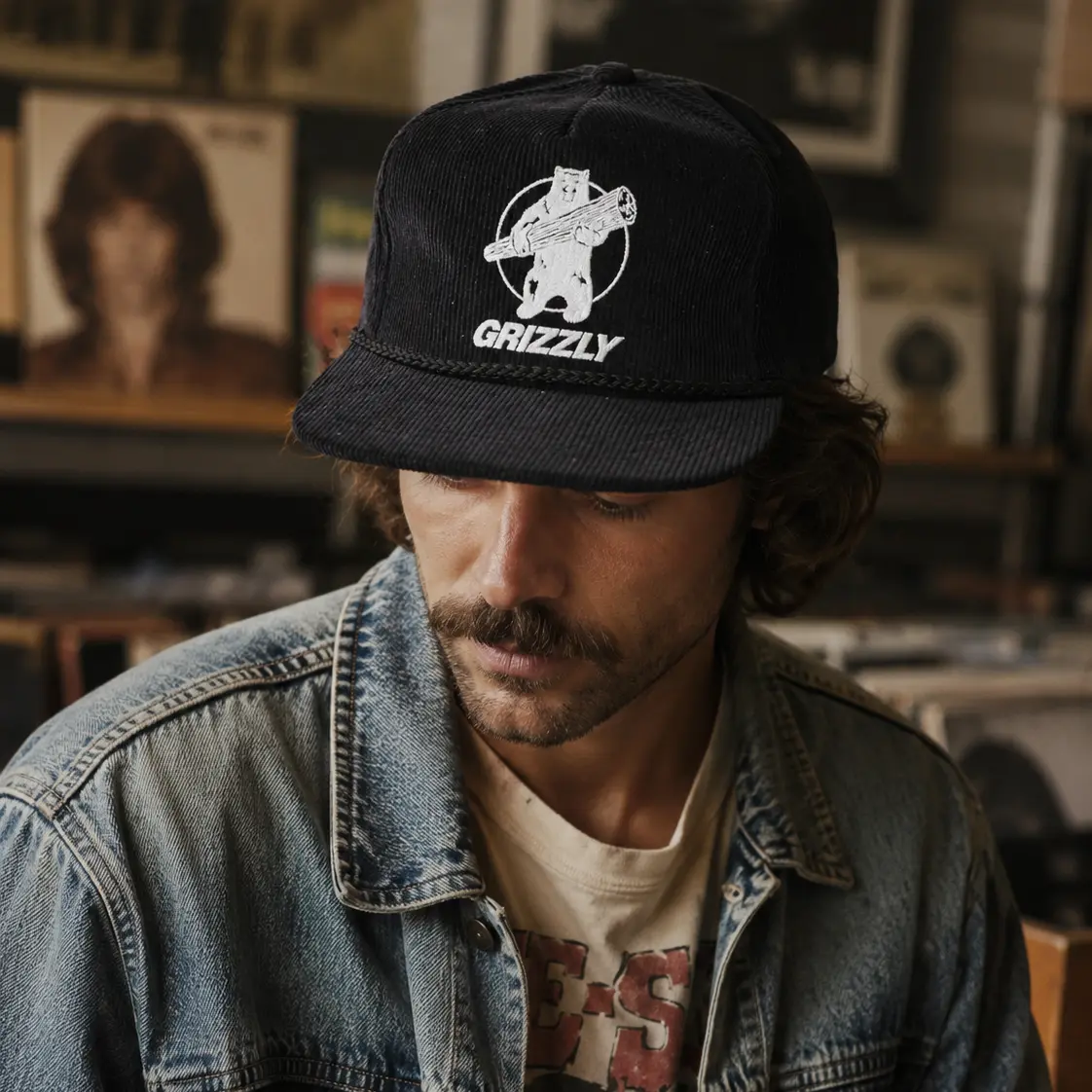 Grizzly Black Corduroy Vintage Trucker Hat - Patina Faded Logo, Adjustable Worn-In Fabric, Everyday Wear for Collectors