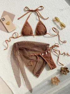 Women's Sexy Fishnet Shell Decor Halter Bikinis Set, Casual Tie Back Triangle Swim Bra & Tie Side Swim Bottom & Self-Knot Cover Up Skirt Set, Ladies Summer Swimsuit for Beach Holiday Vacation, Bikini Swimsuits, Beach Bathing Suit