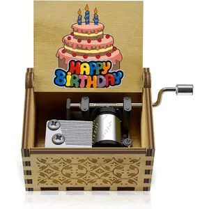 BOOB Happy Birthday Wooden Mini Colorful Music Box Hand Crank Wood Vintage Classic Musical Box Hand-Operated Birthday Gifts for Mom Dad Daughter Son Teenagers Friends