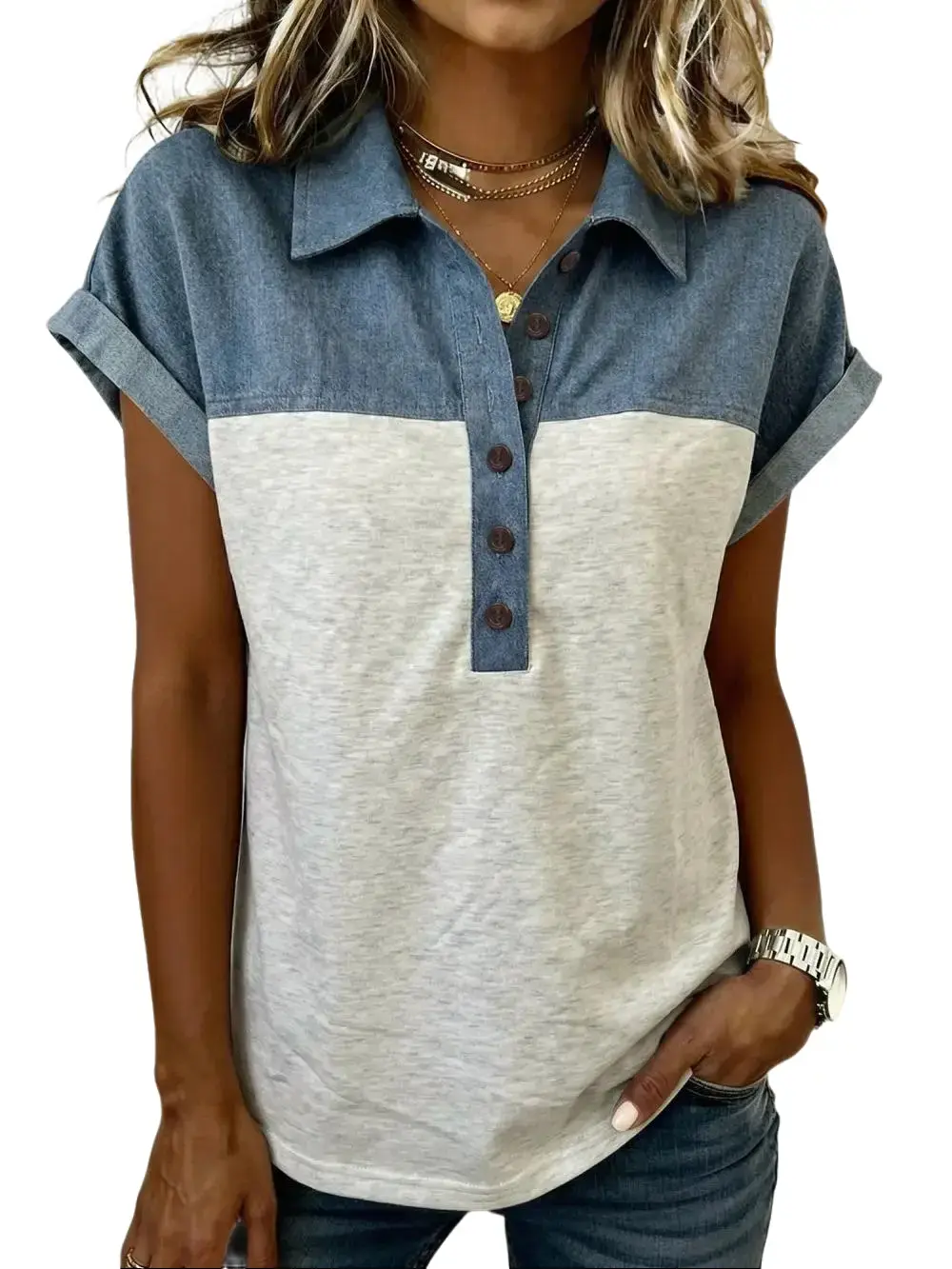 Phefee Women's Fashion Polo Shirt, Preppy Color Block Short Sleeve Button Down Top with a Relaxed Fit for Work, Style, Everyday