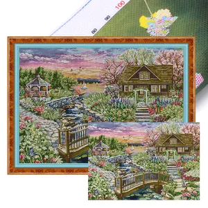 Full Embroidery Eco-cotton Thread 14CT Print Lakeside Cabin Cross Stitch 64x50cm