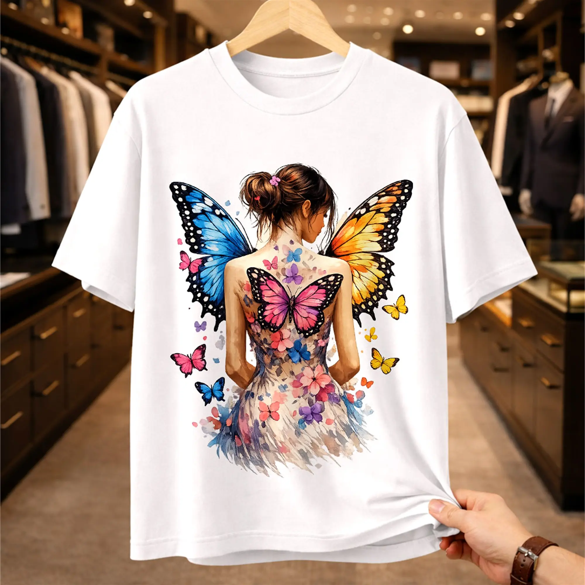 Watercolor Butterfly Wings Graphic T-Shirt, Women's Boho Fairy Aesthetic Soft Cotton Top, Oversized for Layering with a Light Cardigan or Denim, Colorful