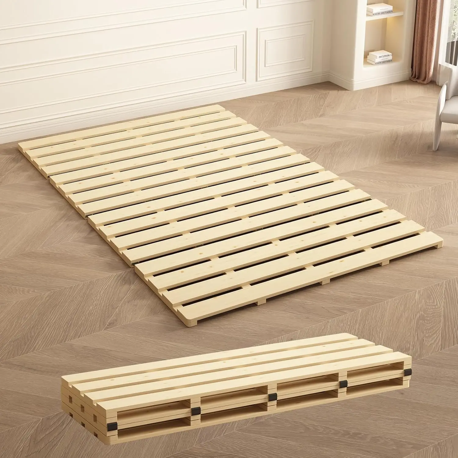 Japanese Style Foldable Wooden Tatami Floor Platform Bed Frame - Queen Size, Breathable Slats, for Guest Bedroom, U.S. Queen