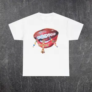 Diamond Teeth Cross Tee - Oversized Cotton Top with Boxy Fit, Comfortable Design for Women