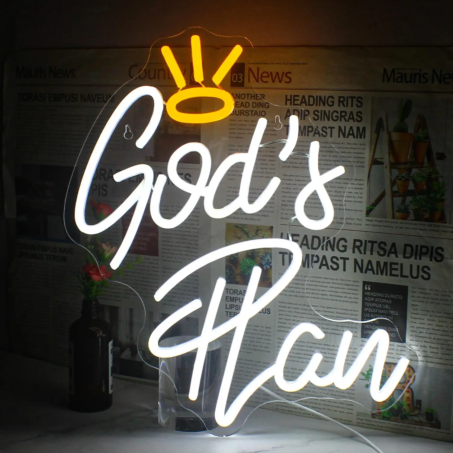 God's Plan Neon Sign, Crown Shaped Design LED Neon Light, USB Powered Wall Mounted Light, Decorative Light for Home, Office, Store, Bedroom, Study, Co