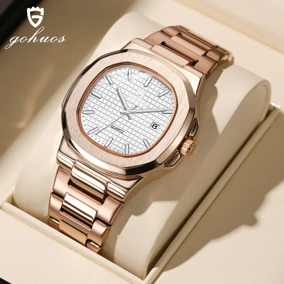 GOHUOS 2026 new Spring Style Upgrade: Timeless Men’s Watches square luxury fashion men's waterproof quartz watch, with luminous date and day display, stainless steel men's watch Square dial wristwatch Casual Round Dial relojes para hombres