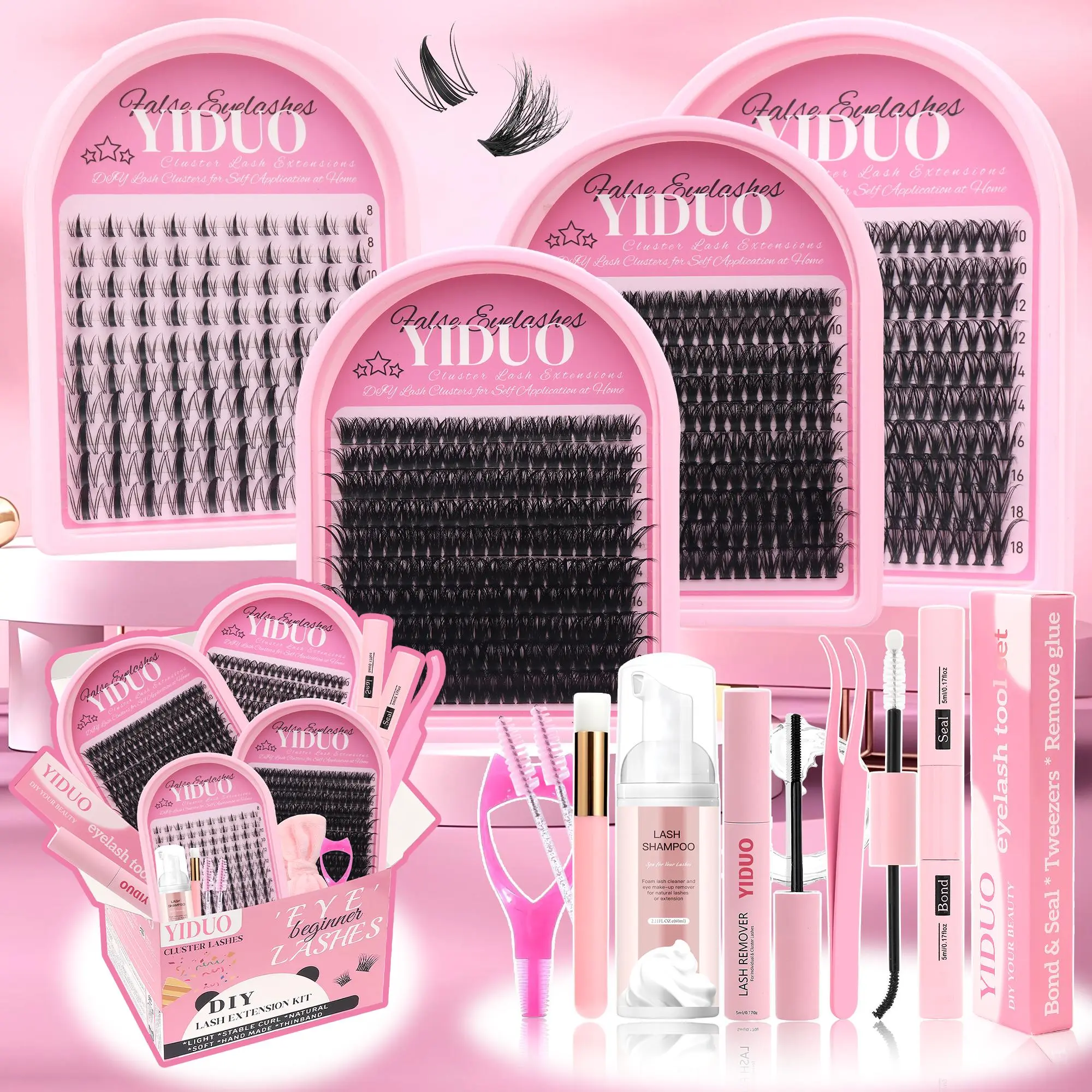 Eyelash Extension Set Volume Eyelash Cluster Kit, DIY Lash Tools, 4 Styles: Cartoon, Natural, Volume Single-Cluster Lash Extensions with Lash Bond and Seal Tweezers Remover Eyelash Brush DIY at Home Easily Lash Glue Seal Eyelash Enhancing Tool