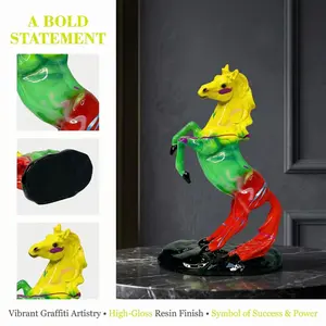 Rainbow Horse Resin Figurine, Handmade Graffiti Horse Sculpture,Modern Desk Shelf Decor, Golden Base Horse Statue, Good Luck Horse Gift