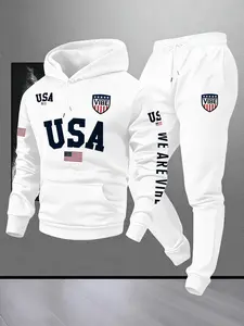2-Piece White USA Flag and Vibe Print Tracksuit Set, Athletic Activewear Tracksuits, Retro American Style Hoodie and Joggers for Athleisure and Casual Streetwear