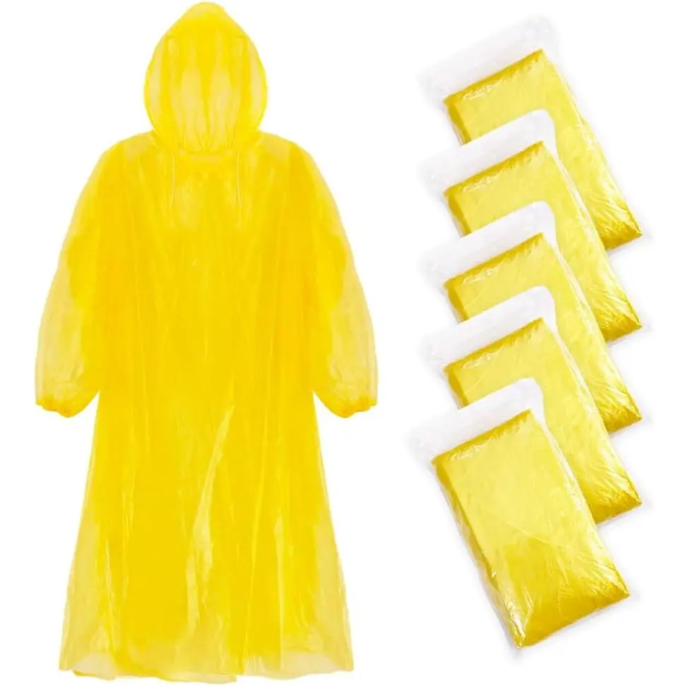 Unisex 5-Pack Polyethylene Lightweight Disposable Long-Sleeve Waterproof Raincoat Poncho with Adjustable Hood - Rain Suit for Outdoor Sports, Camping
