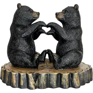 Two Black Bears Heart Hands Figurine - 6" Wide Whimsical Bear Couple I Love You Statue - Rustic Home, Cabin, Lodge, Office Decor