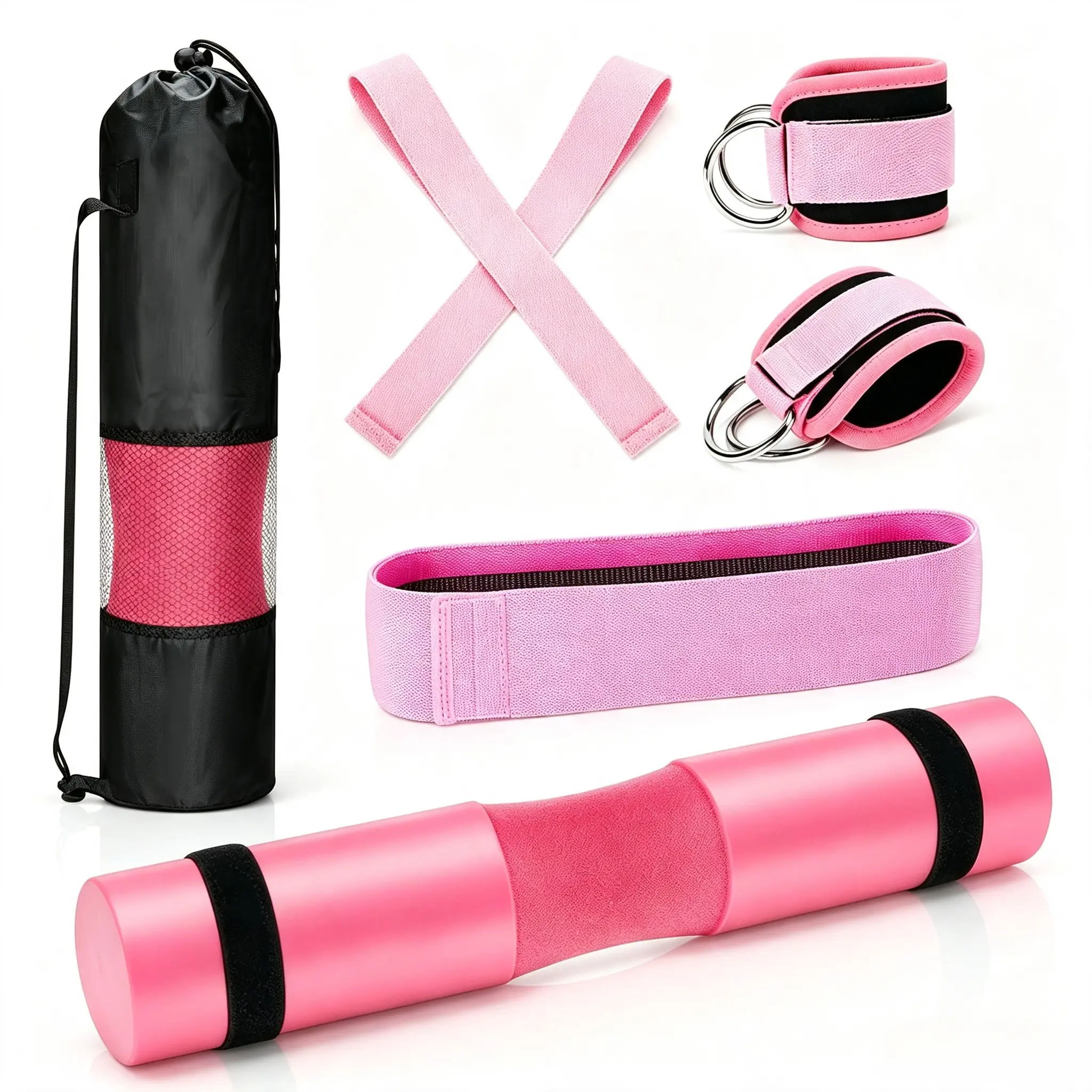 Pink Barbell Pad Full Workout Kit,Foam Neck & Shoulder Weight Lifting Cushion,Hip Resistance Band, Cable Machine Ankle Straps & Lifting Wrist Wraps,Portable Training Set for Squats,Hip Thrusts & Glute Workouts