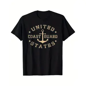 1pc United States Coast Guard Men'S Casual T-Shirt - 100% Cotton, Crew Neck, Short Sleeve, Loose Fit, All-Season Street Style Tee with Anchor Print, Digital Heat Transfer, Flared Hem y2k  outfits  men graphic tee men's t shirts Oversized Tshirt