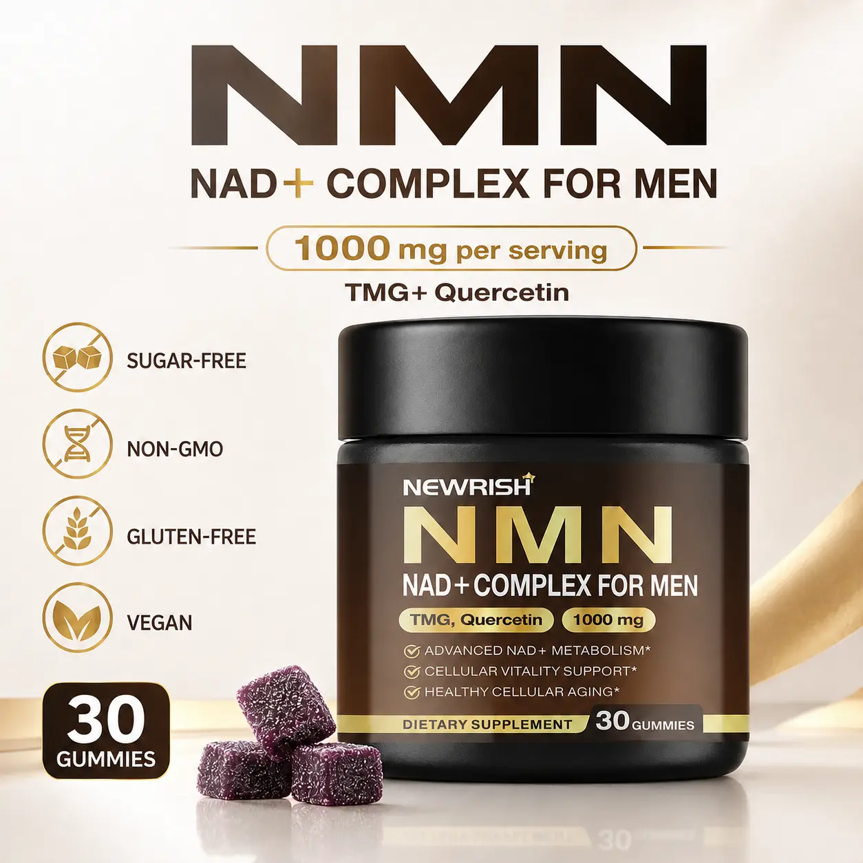 Newrish Vegan Sugar-Free NMN Gummies (featuring 500mg NMN, Vitamin C, Astaxanthin, TMG, and Grape Seed Extract) – Supports Anti-Aging, Cellular Repair, and Energy Boosting (30 Count)