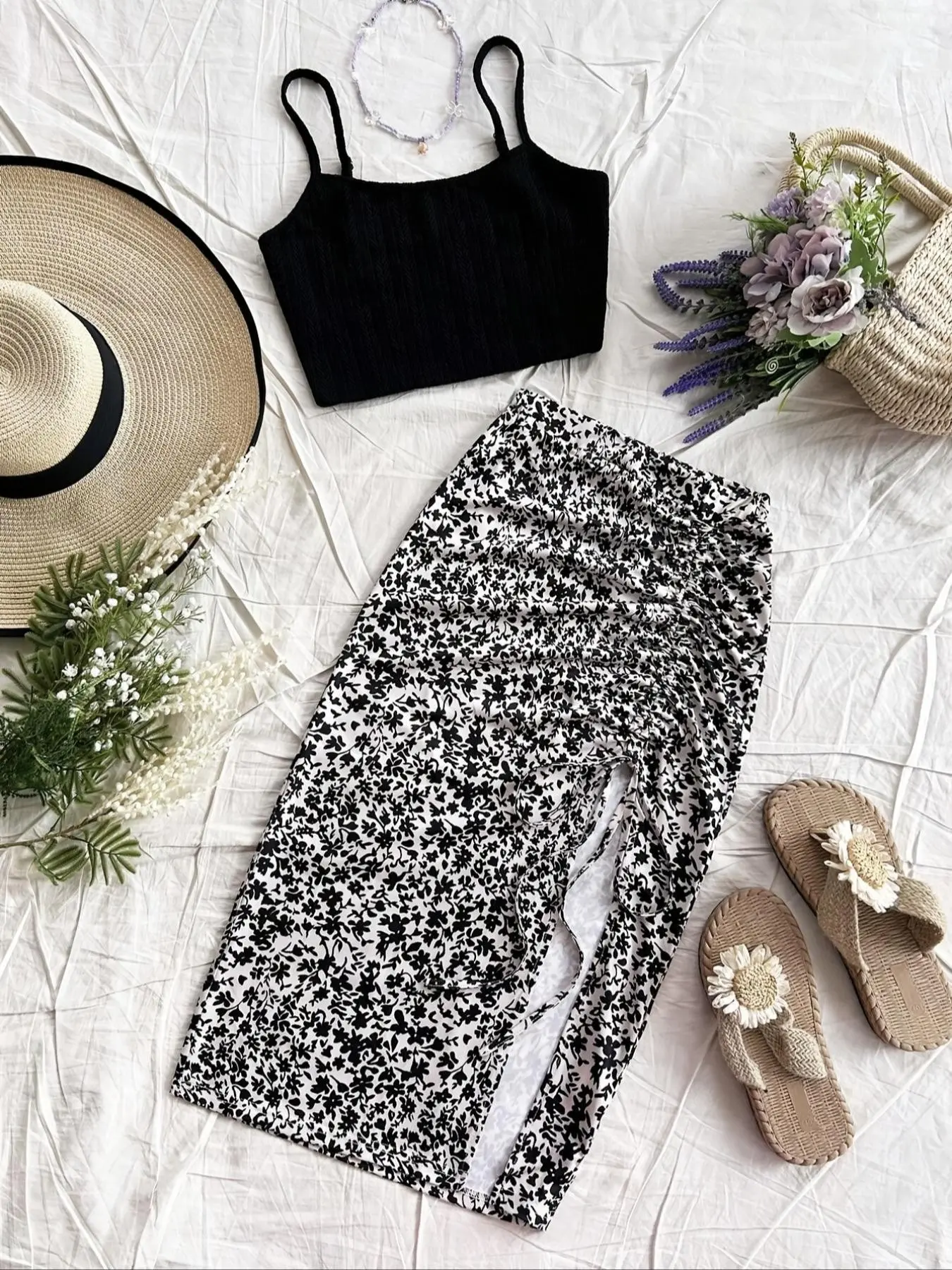 Summer 2-Piece Bodycon Skirt Set: Knit Outfit Set, Casual Holiday, Solid Color Sleeveless Spaghetti Strap Top and Floral Split Skirt, Comfortable and Stylish Summer Wear