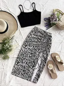 Summer 2-Piece Set: Casual Holiday, Solid Color Sleeveless Spaghetti Strap Top and Floral Split Skirt, Comfortable and Stylish Summer Wear