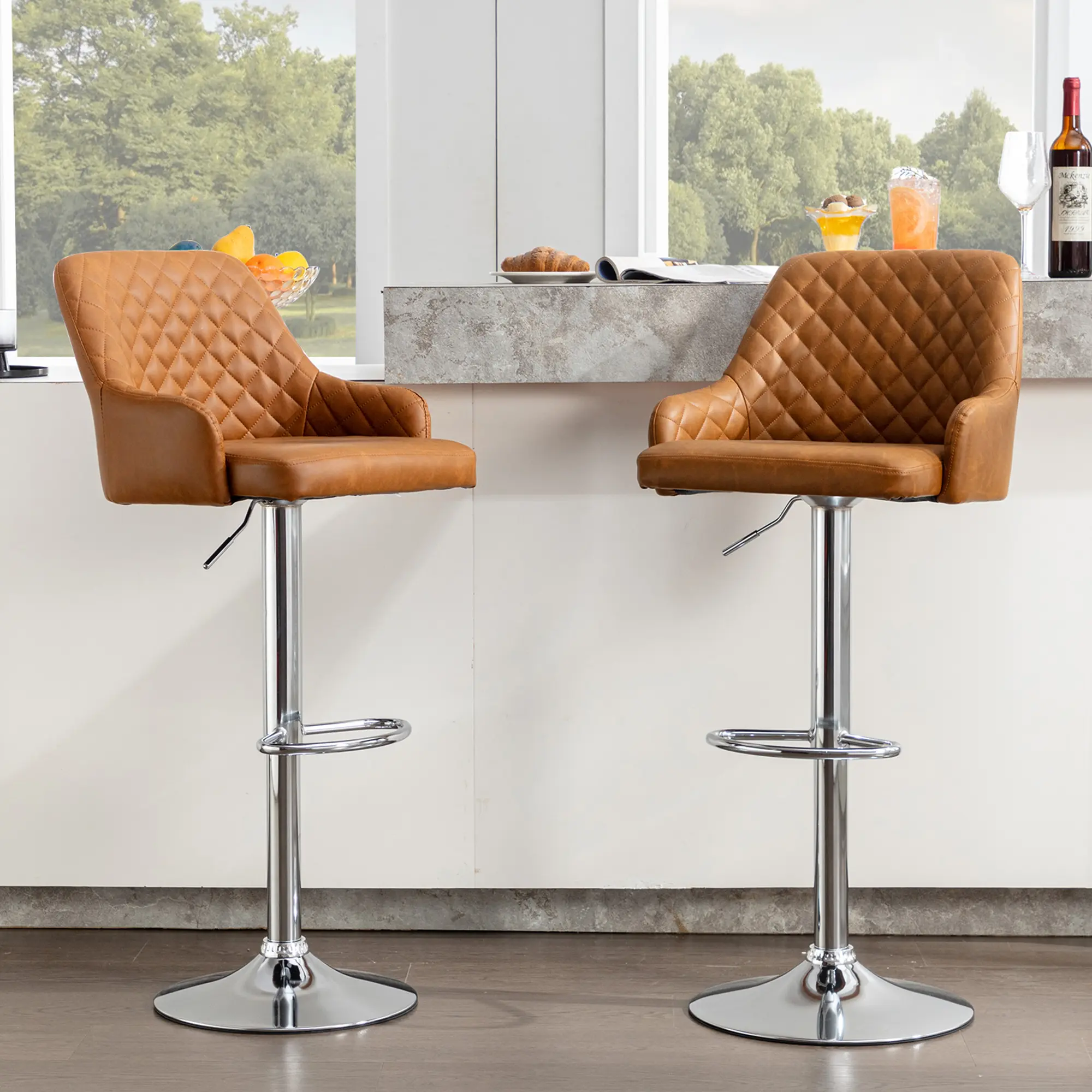 VECELO Bar Stools 2\4 Piece Set PU Leather Upholstered, Adjustable Swivel Bar Stool, Thick Upholstered Bar Stool with Backrest, Suitable for Kitchen Island, Black/White/Dark Gray/Brown