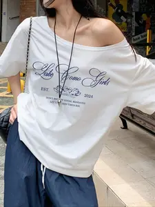 Women's Letter & Animal Print Drop Shoulder Fitted Tee, Casual Asymmetrical Neck T-Shirt for Daily Wear, Ladies Clothes for All Seasons, Boho Casual Summer, Streetwear, Womenswear