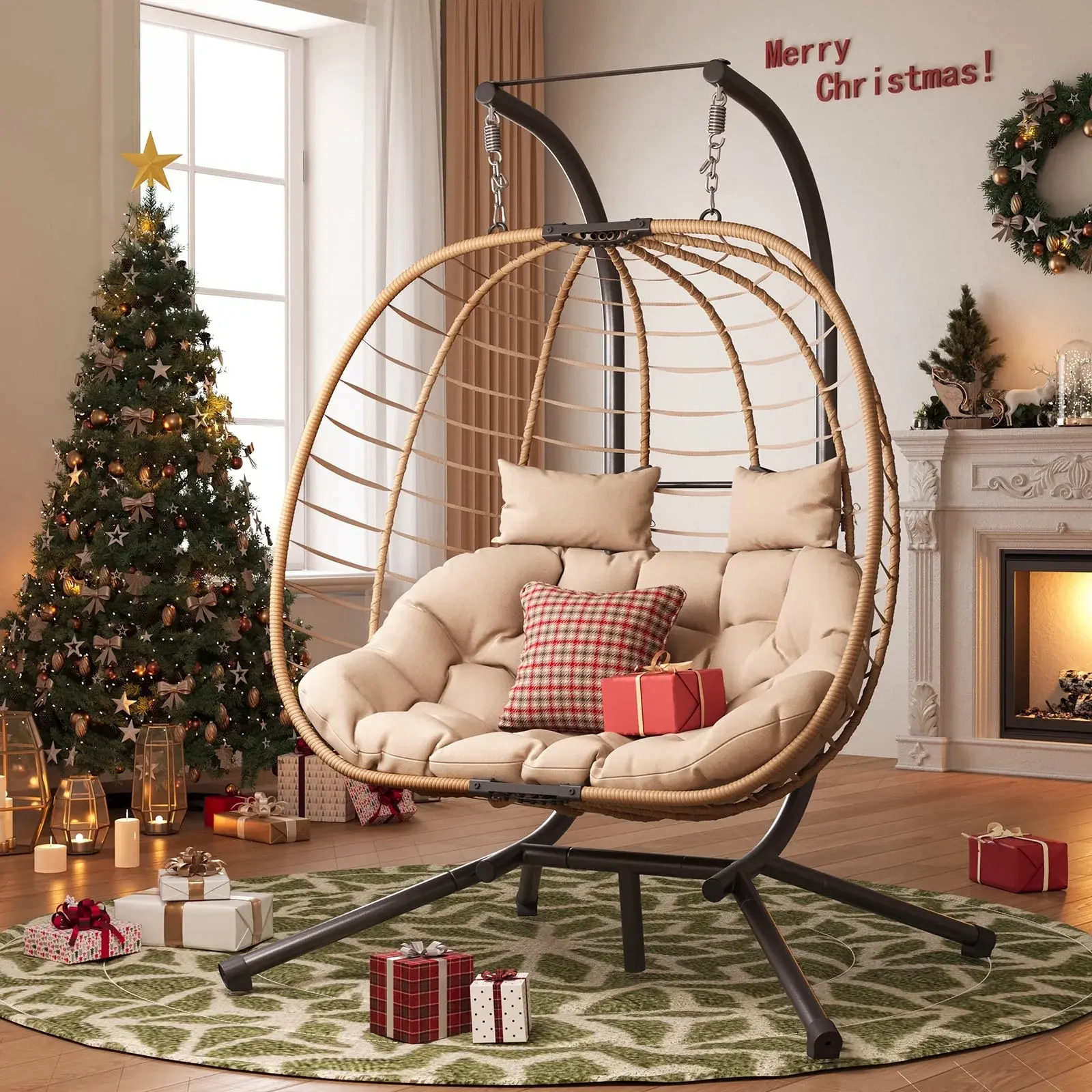 【Summer Sale】UDPATIO 2-Person Foldable Rattan Wicker Swing Egg Chair with Stand - Modern Weatherproof Hanging Loveseat, Outdoor Living Furniture, Swing Chairs Outside for Porch, Balcony