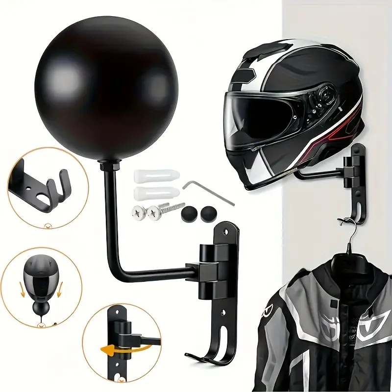 Motorcycle Helmet Holder Swivel 180° Wall Shelf, Sturdy Hanging Design, Helmet and Jacket Hanger, Metal Hook, Metal Shelves, Perfect Gift for Motorcyclists