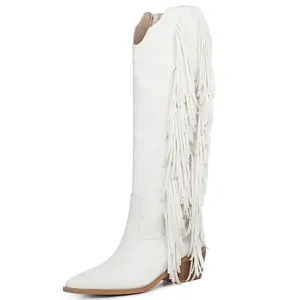 Womens Classic Western Boots Knee High Design with Elegant Fringe and White Tassel Details Pointed Toe Comfortable Heel for Country Weddings and Special Events tall western boot