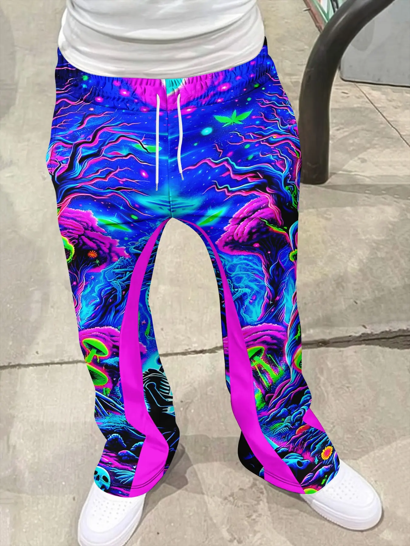 Men's Flared Trousers, Y2K Cyberpunk Mushroom Print, Neon Color Block, Drawstring Waist, Casual Long Pants, Music Festival Fashion, Fashion Streetwear Bottoms, Casual Comfy Trouser, Casual Street Pants