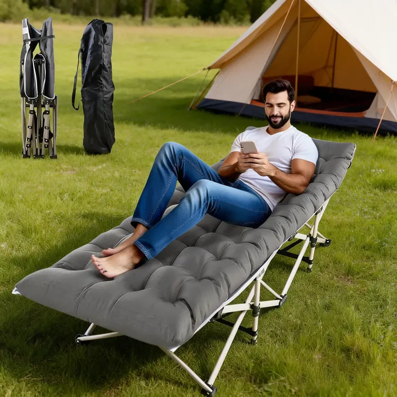 Heavy-Duty Metal Camping Bed - Portable Foldable Carrybag Included, 74.8x28x15 In, Oxford Cloth, Foam Mats, Triangular Frame, Space-Saving, Ergonomic Head Support, Easy-Care, Cotton, Cushion, High-Resilience Pearl Cotton, Emergency Preparedness for Adults