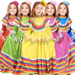 Children’s & Adults’ New Arrival Traditional Mexican Folk Dance Dress with Multicolored Embroidery - Premium Full Circle Skirt