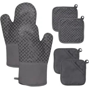 4 Pcs Oven Mitts & Pot Holders 500°F Heat Resistant Kitchen Gloves with Non-Slip Silicone Surface for Baking Cooking Grey Bakeware Gift Set