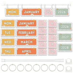 BrightenKidz Retro Groovy Flip Calendar For Classroom, Years 2026 - 2028, Bulletin Board Calendar Set With 53 Date Cards, Adjustable Rod 15.7" - 27.6" & 8 O-rings, Mounting Hooks, Ideal For Teacher, Homeschool & Student Learning Wall Decor