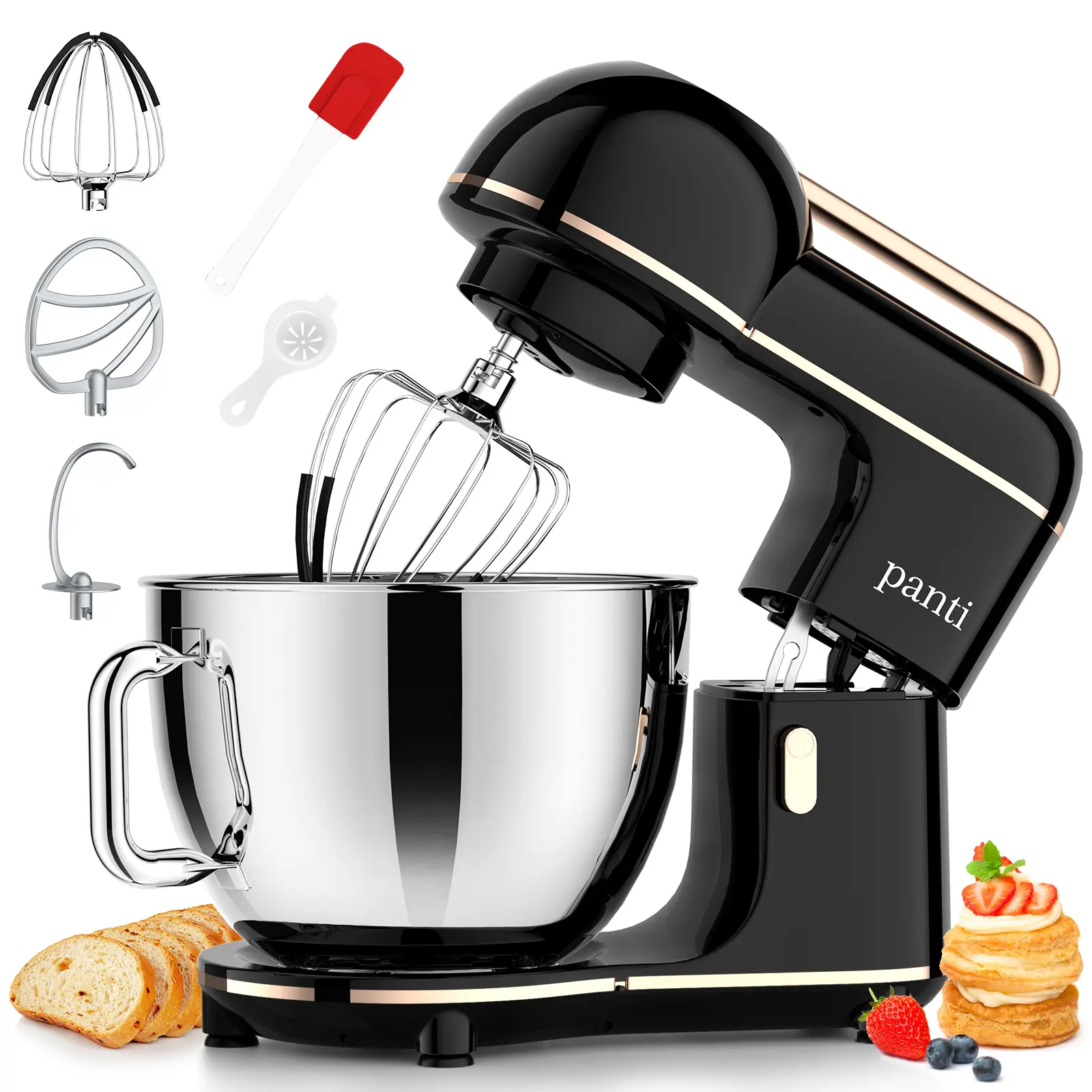 PANTI 6.5 Quart 300W Stand Mixer, 10-Speed Heavy-Duty Electric Mixer with Dough Hook/Beater/Whisk & Splash Guard, Ideal for Home Baking Cake/Cookie Dough & Family Meals Durable Appliances