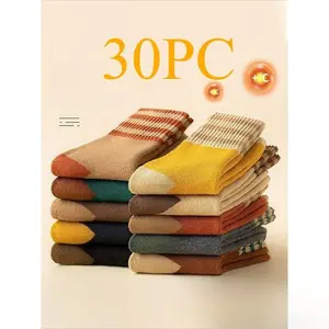 30PC  Women's Colorblock Striped Thermal Lined Socks, Casual Soft Comfy Breathable Socks for Fall & Winter, Women's Socks for Daily WearGift