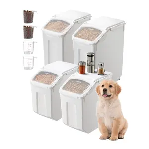 VEVOR Rice Storage Container, 3.5Gal/15Lx2 + 4.5Gal/20Lx2 Large Dog Food Dispenser Bin, Kitchen Ingredient Grain Cereal Bin, Pet food Containers with Wheels, 4 Measuring Cups, Airtight Lid, 4 Pack