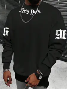 Men's Fleece Knit Letter Printed Pullover Crewneck Streetwear Sweatshirt Long Sleeve Round Neck Casual Fashion Letter Print Top, Thick Soft Loose Fit for Fall Winter Daily Wear