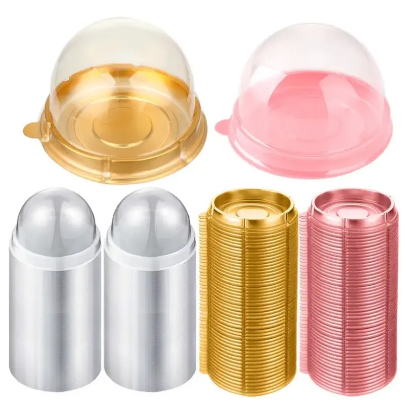 200pcs Clear Dome Mini Cheesecake Containers - 100 Gold Base and 100 Pink Base, Disposable Plastic Single Cupcake Mooncake Packaging Boxes, Waterproof Dustproof Individual Dessert Holders for Bakery, Wedding Party, Baby Shower Pastry Display