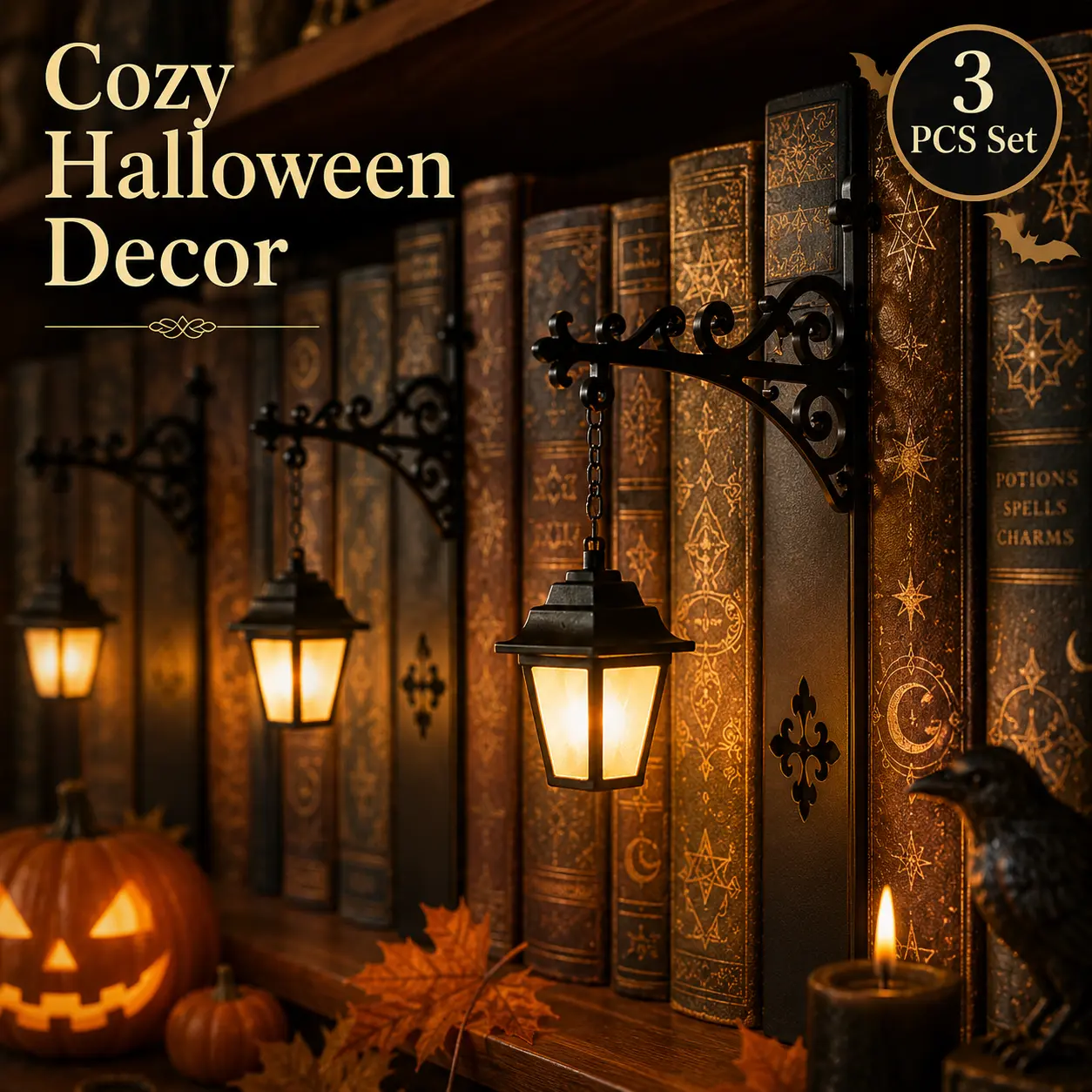 3-Pack Gothic Scroll Library Lanterns, Ambient Glow Bookshelf Lamps for Indoor Use, Cozy Mini Hanging Decorative Lamp, Warm LED Nightlight, Halloween Festive Home Supply