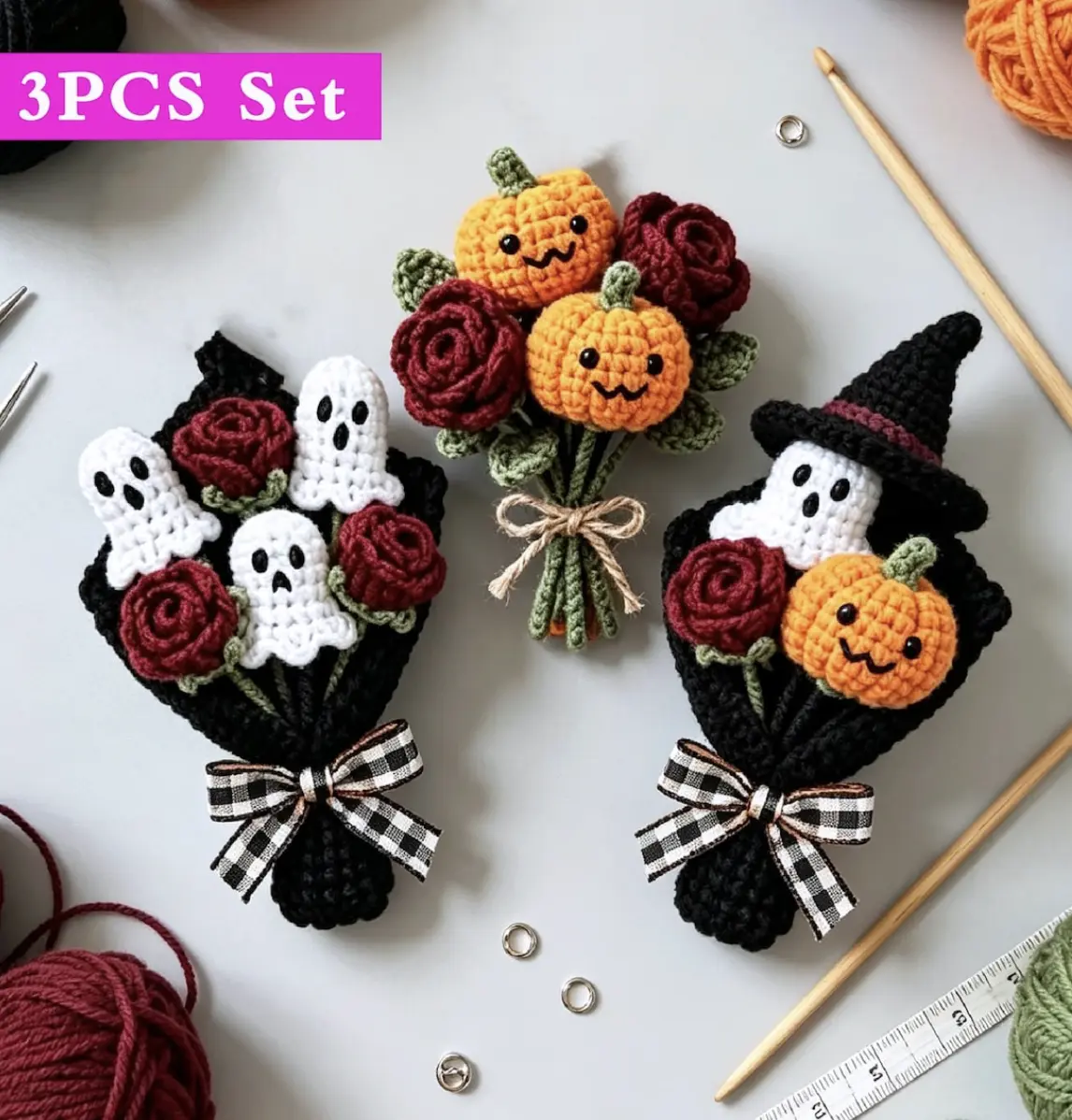 Halloween Ghost Pumpkin Crochet Mini Bouquet,Handmade Fall Floral Decor,Bouquet Keychain