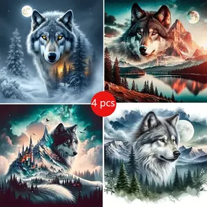 4pcs Diamond Painting Kit Wolf Landscape, DIY 5D Full Drill Round Art Set, Diamond Art Tools, Home Wall Decor for Adults Beginners, Crafts, No Frame Required