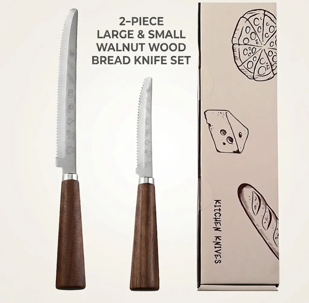 Kitchenware 2-Piece 2-Sizes Serrated Bread Knives Set - 420 Stainless Steel Blades, Smooth Walnut Wooden Handle, Cute Engraved Pattern, Ultra Sharp Rustproof, Ergonomic Grip, Precise Baking Cutter for Crusty Loaf, Steel & Wood Holiday Essential Cutlery