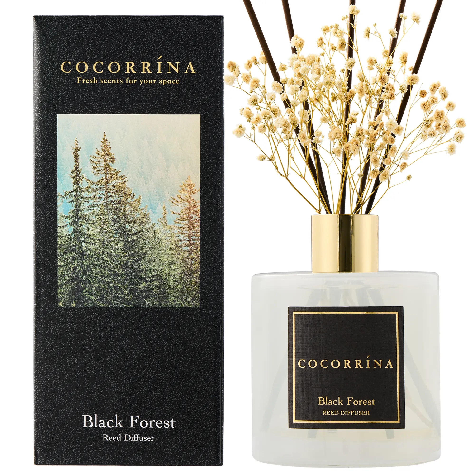COCORRÍNA Reed Diffuser - Black Forest 17 Fl.oz Reed Diffuser with 8 Sticks Scented Diffuser with Preserved Flowers for Bathroom Home Decor